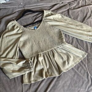 Old Navy Olive Smocked Peplum Blouse Long Sleeve